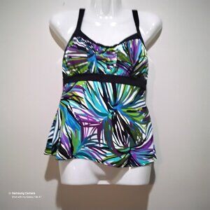 Caribbean Joe Black, Teal & Purple Foliage Swimwear Tankini Top Separates NWT 14